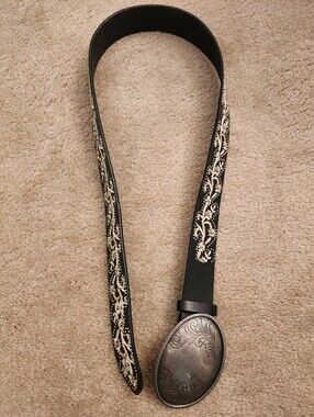 Nine West Black Western Leather Belt with Embroidery And Silver Oval Buckle